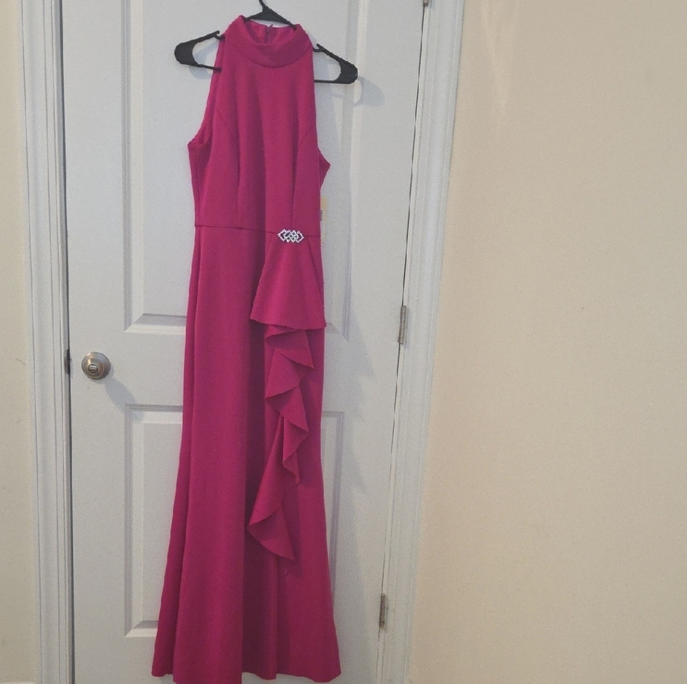 Eliza J Pink Ruffled Halter Gown for Weddings Magenta Gown, Size 6